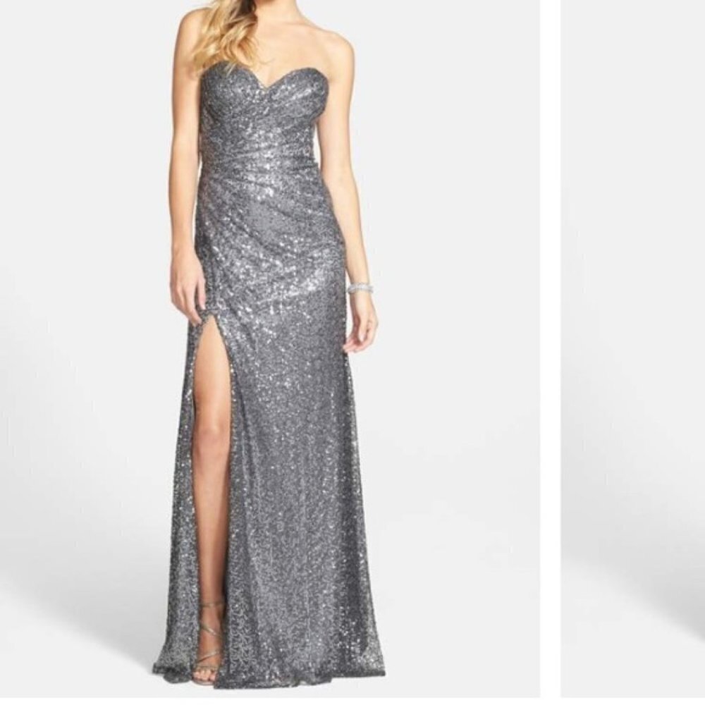 La Femme Full Length All Over Sequin Strapless Gown With High Leg Slit Size 10